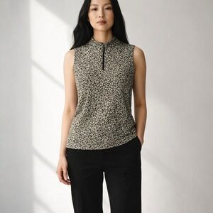 Tommy Bahama Women's Brown Cream Animal Print Sleeveless Half Zip Top Size XS